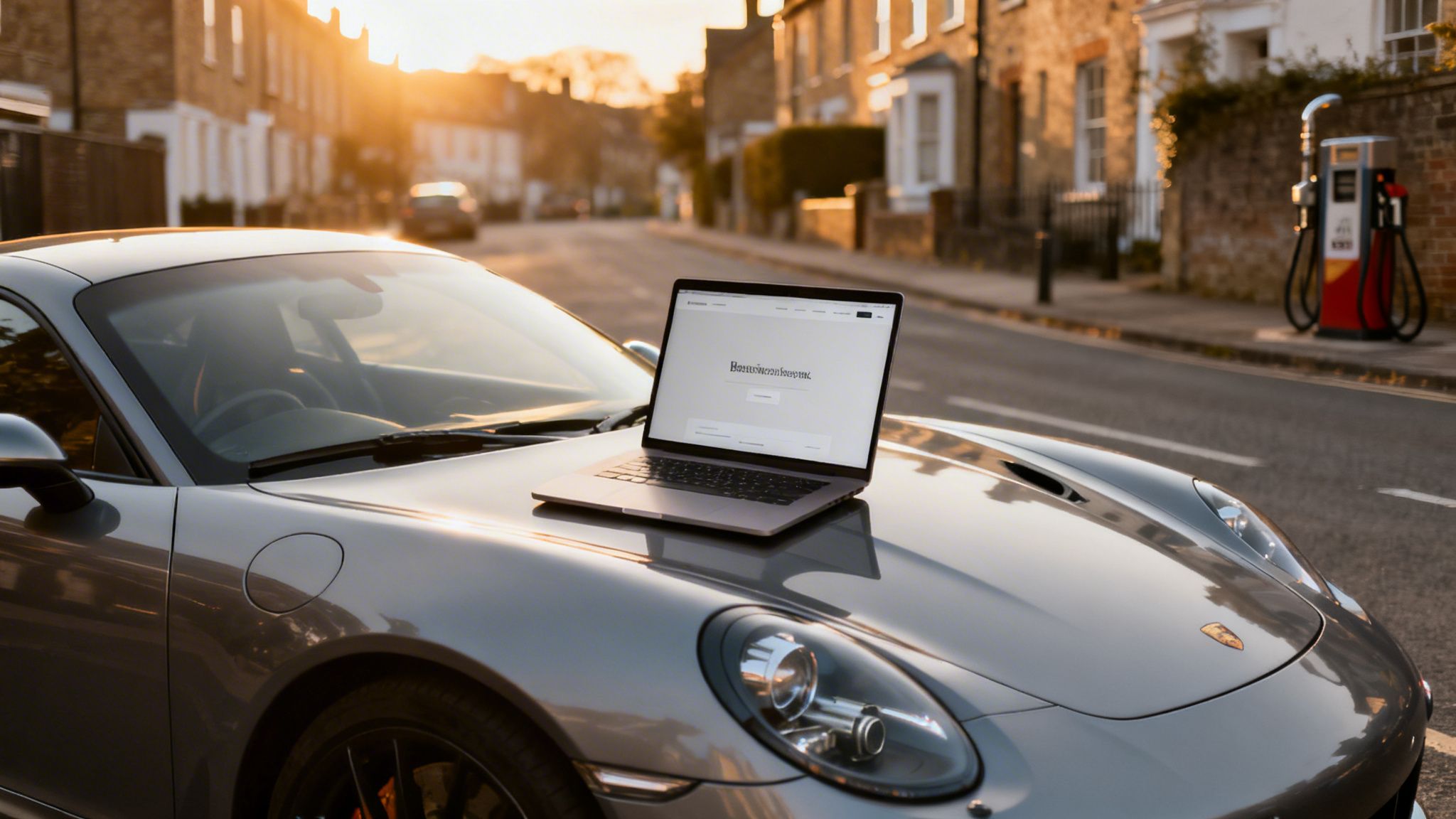 A silver laptop rests on the hood of a grey Porsche car on a street at sunset.