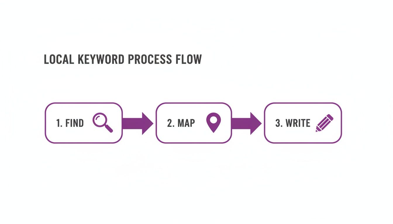 A three-step local keyword process flow diagram showing actions to find, map, and write keywords.
