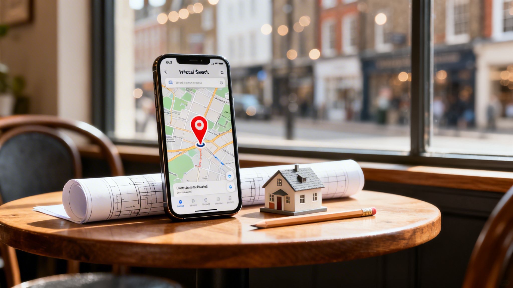 A smartphone displaying a map with a location pin next to a miniature house, blueprints, and a pencil on a wooden table.