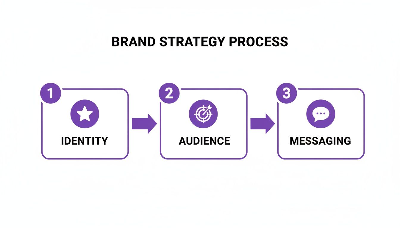 Diagram illustrating the three-step brand strategy process: identity, audience, and messaging.