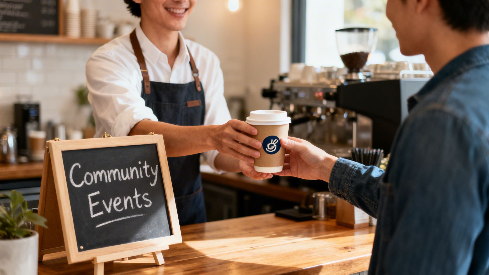 A smiling barista hands a branded coffee cup to a customer in a bright coffee shop, near a 'Community Events' sign.