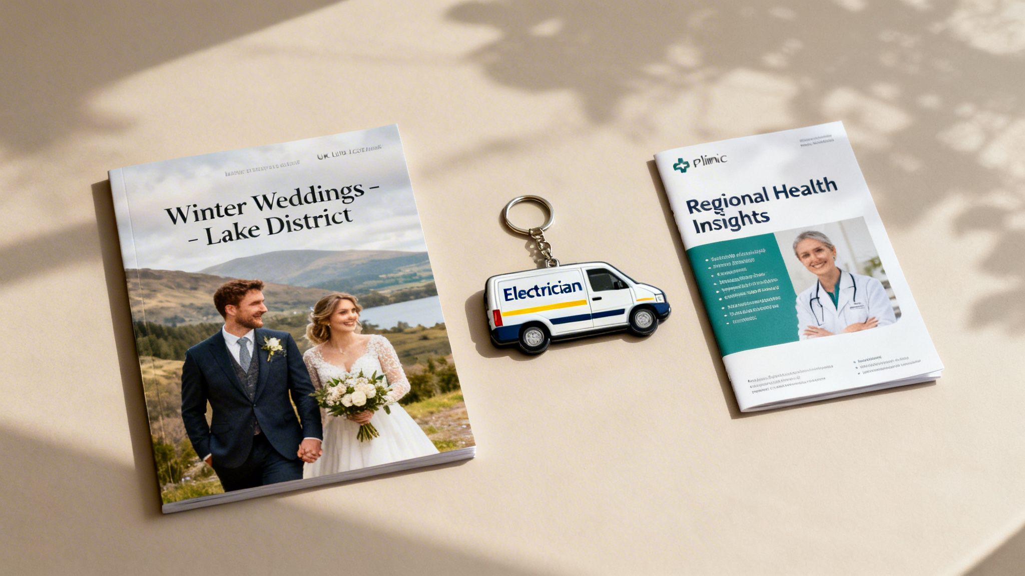 Various promotional items including a wedding album, electrician keychain, and medical brochure on a beige surface.
