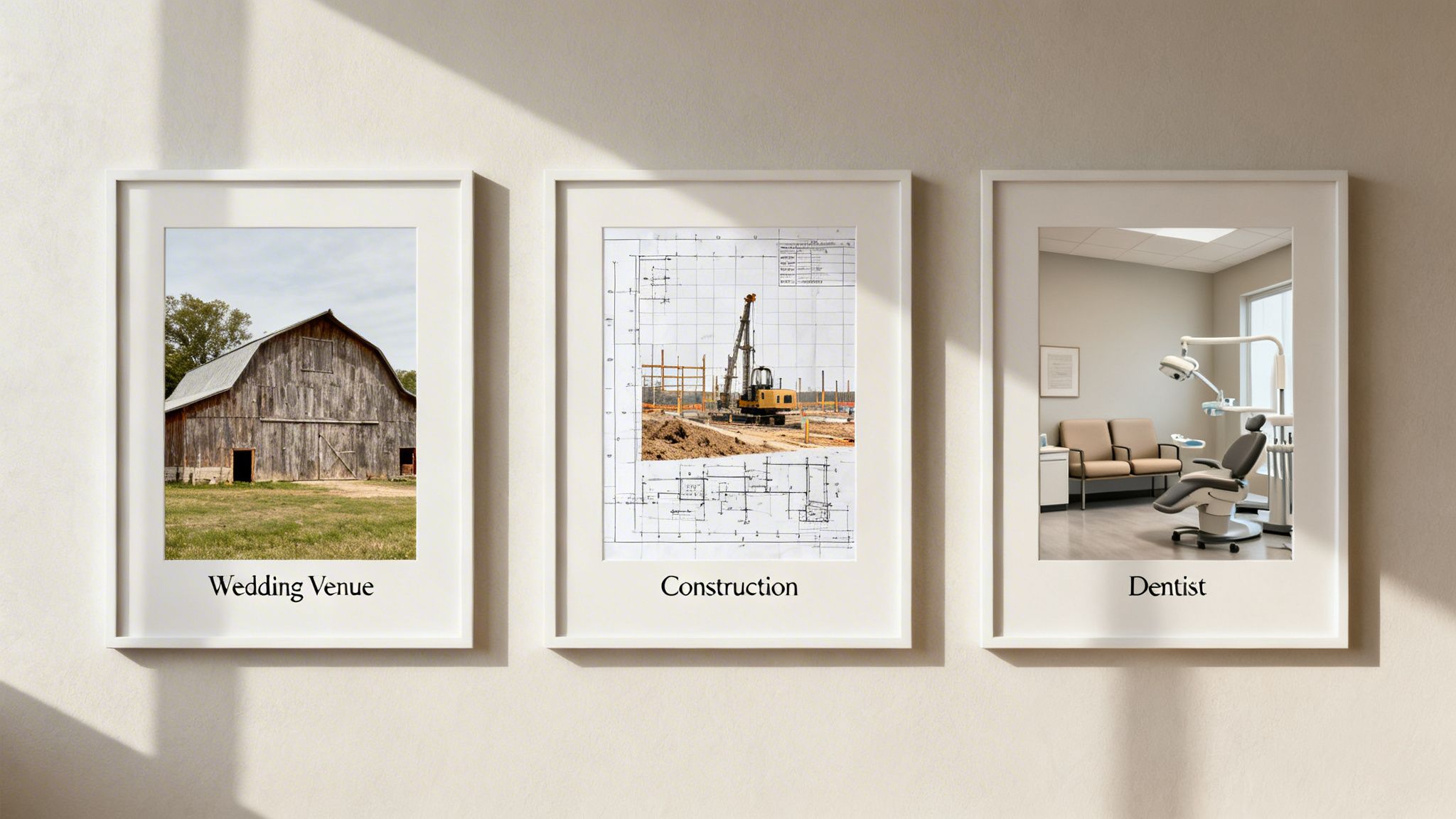 Three framed pictures on a wall, depicting a barn, a construction site, and a dentist's office.