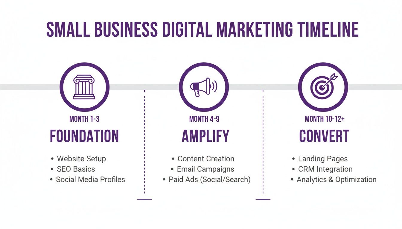 A detailed timeline showing a small business digital marketing strategy broken into three phases.