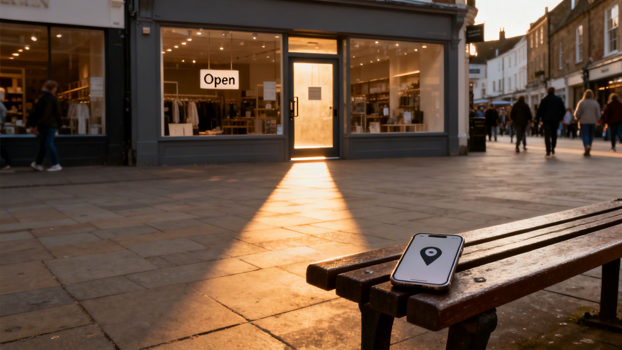 Digital marketing concept with a phone on a bench and an 'Open' store sign.