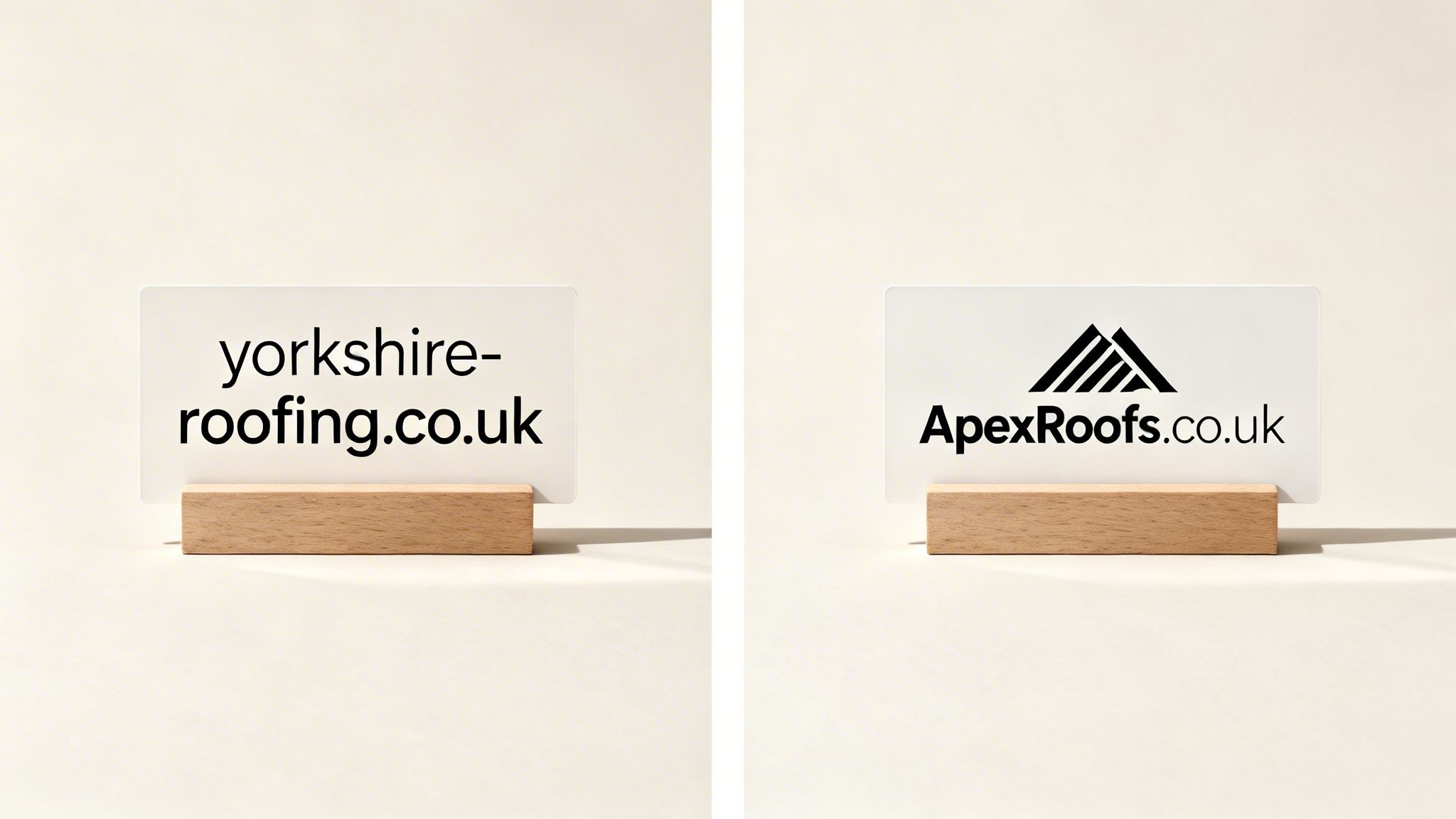 Two white signs on wooden stands displaying roofing domain names: yorkshire-roofing.co.uk and ApexRoofs.co.uk.