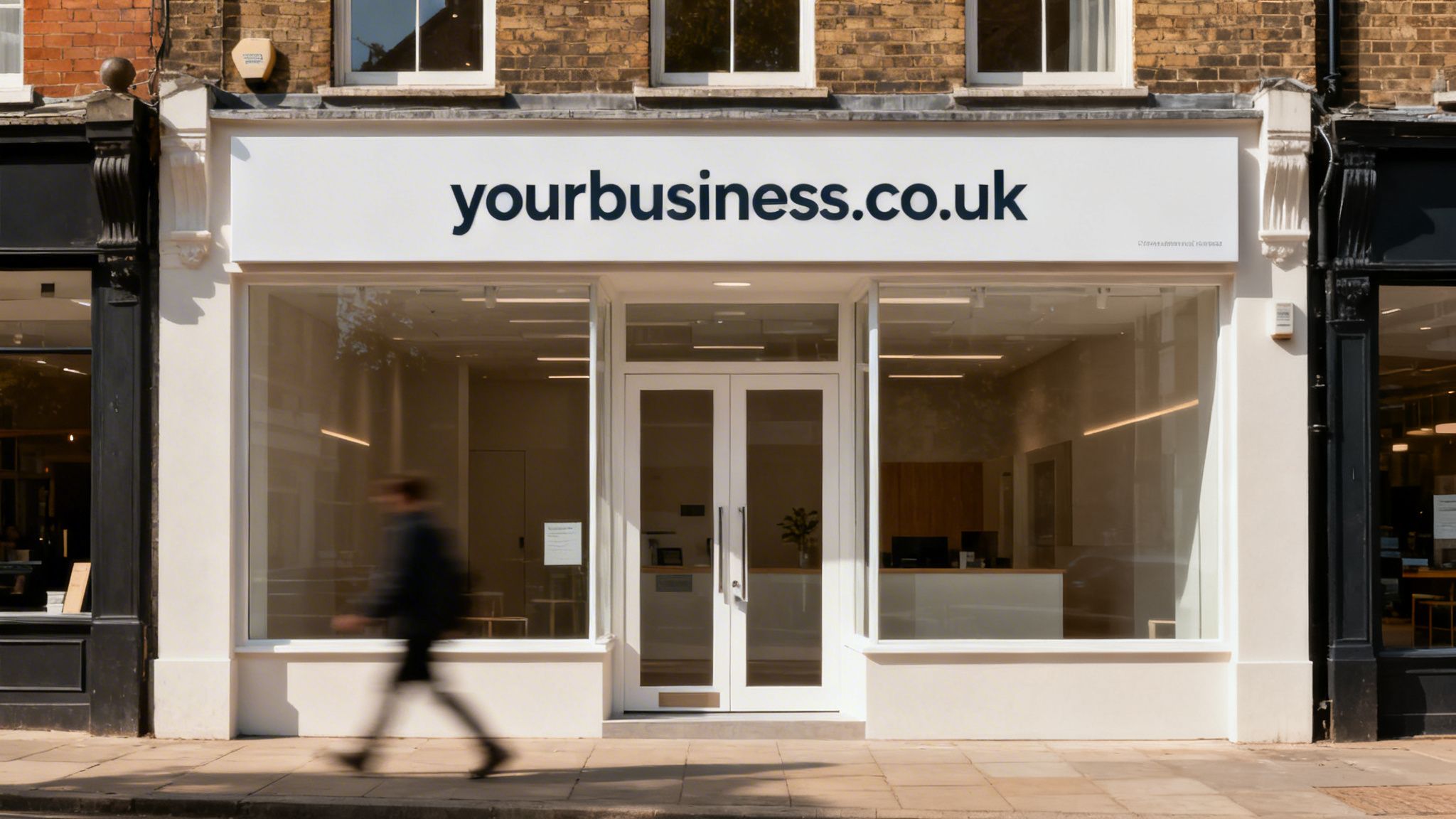 Modern white storefront with "yourbusiness.co.uk" sign, large windows, and a person walking past.