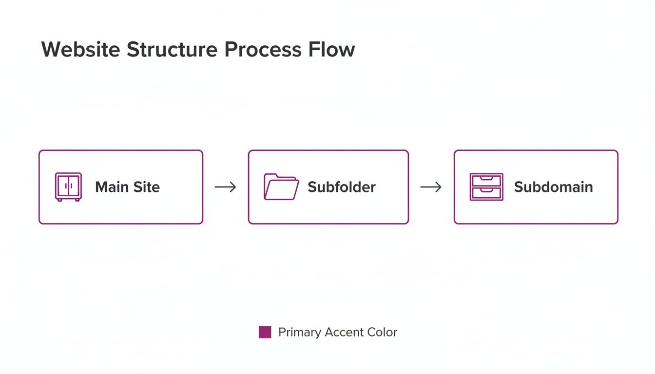 Flowchart illustrating website structure with main site, subfolder, and subdomain in a process flow.