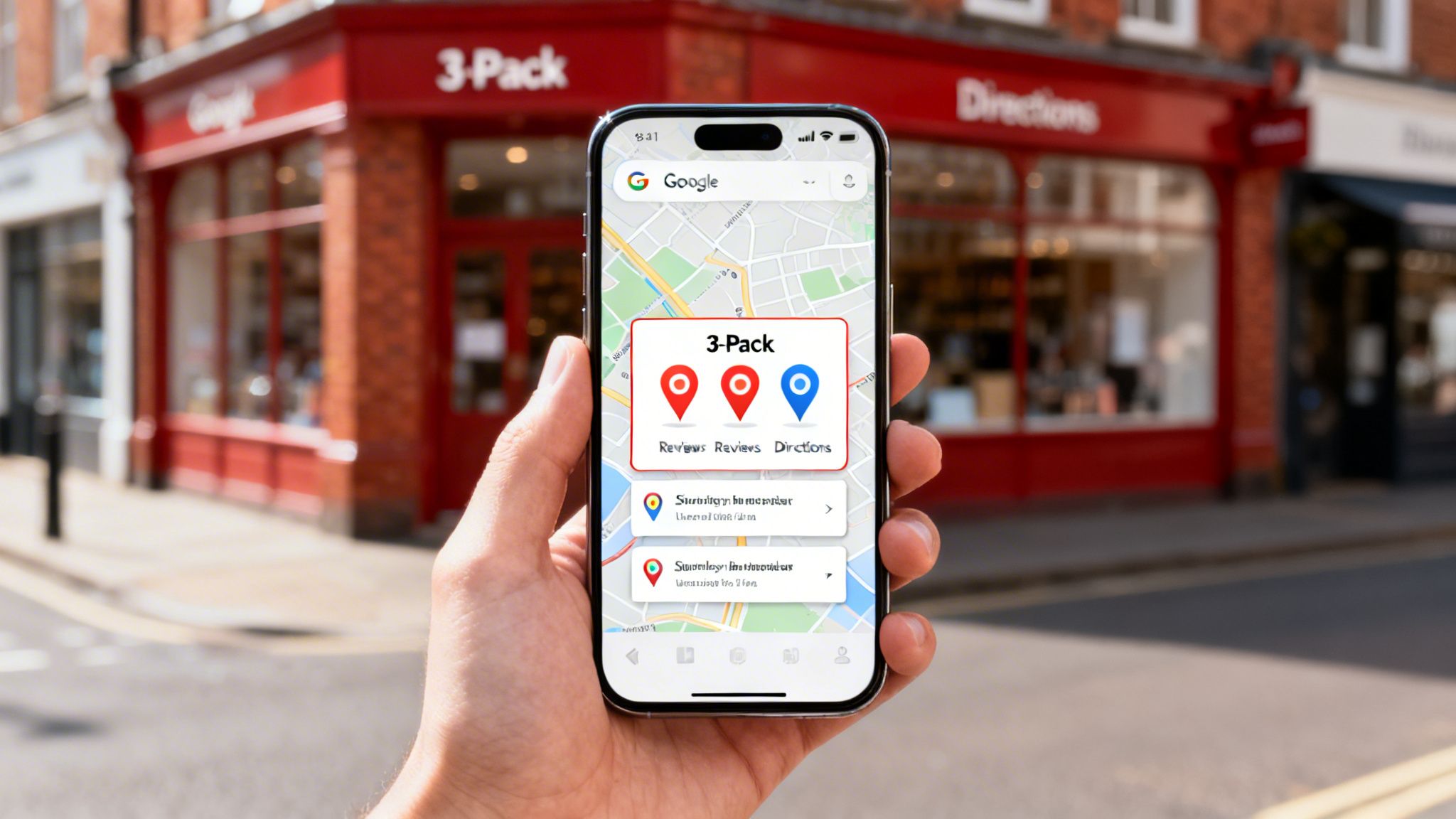 A hand holds a smartphone displaying Google Maps with a '3-Pack' of local business listings.