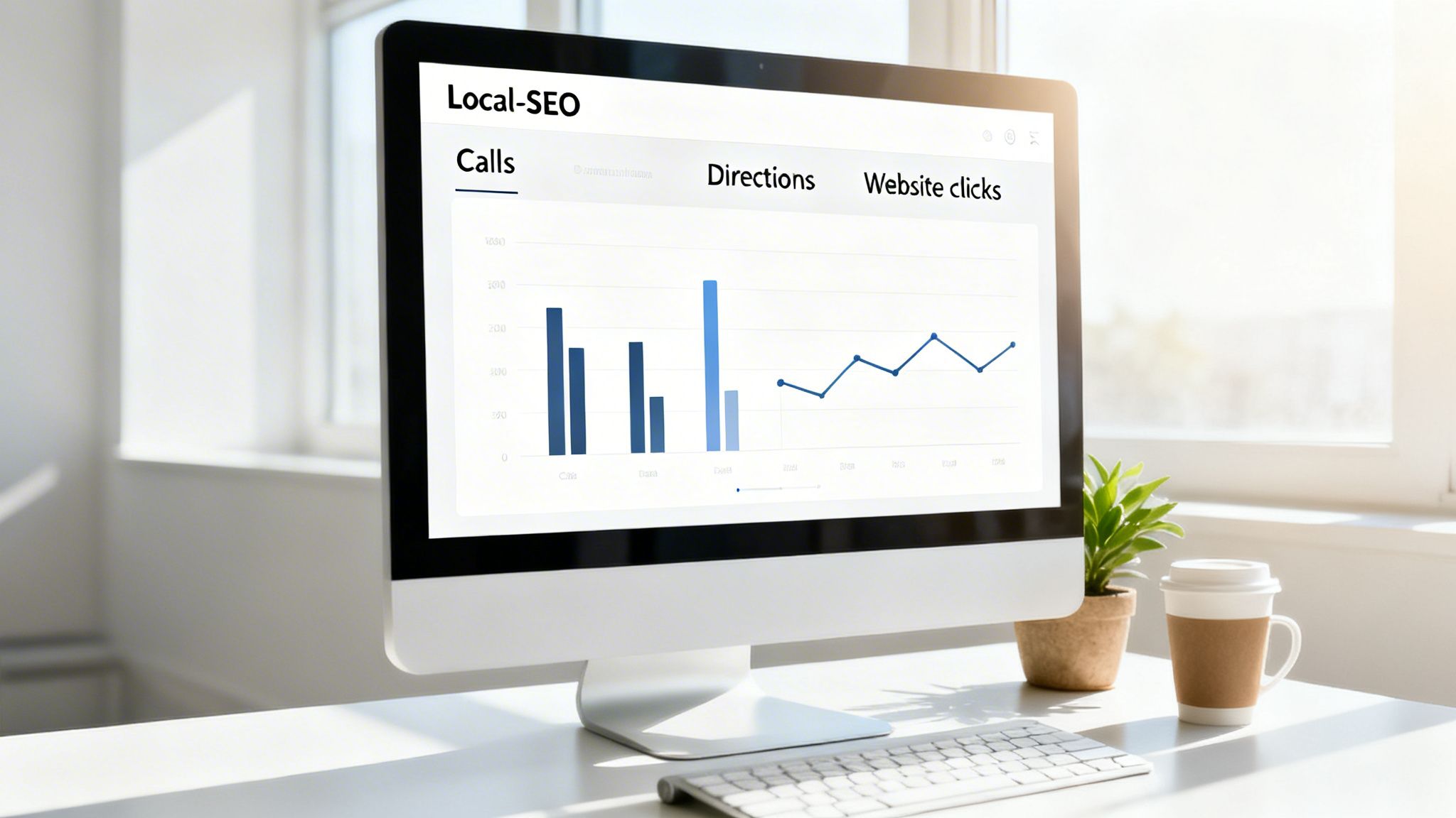 A computer monitor displays a Local-SEO dashboard with charts for calls, directions, and website clicks.