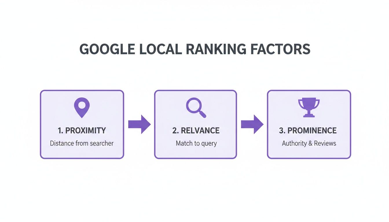 An infographic illustrating Google Local Ranking Factors: Proximity, Relevance, and Prominence, with icons.