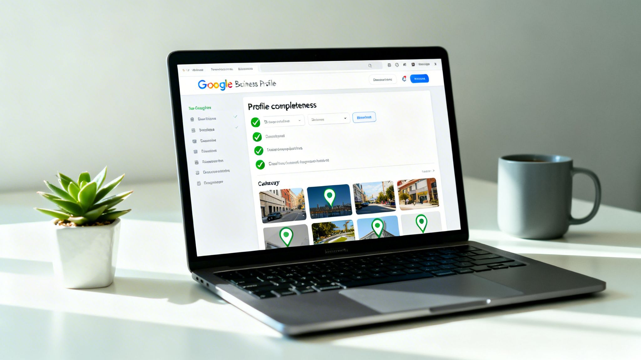 Laptop displaying Google Business Profile with profile completeness, next to a succulent plant and coffee mug.