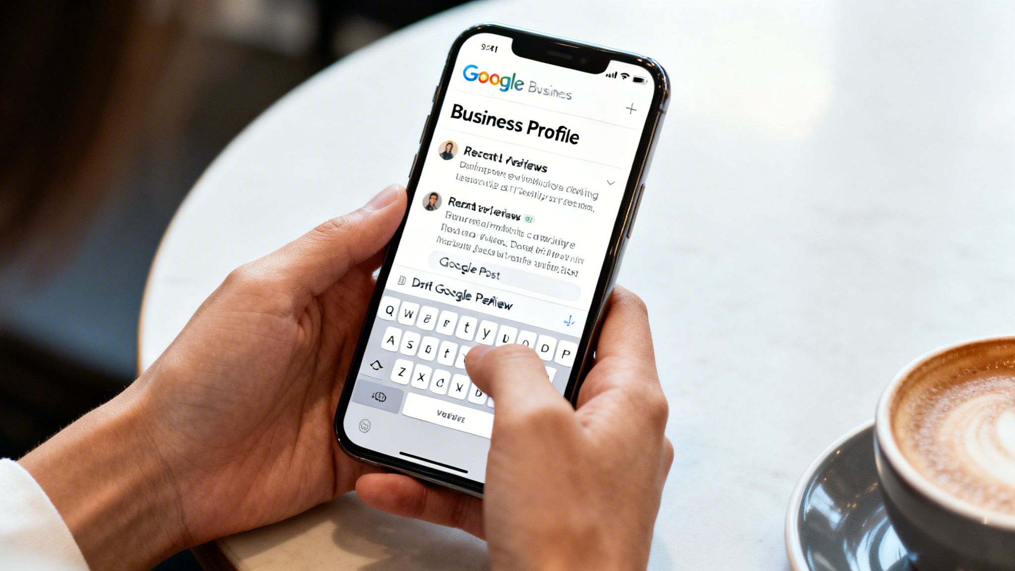 Close-up of hands typing on an iPhone with the Google Business app, displaying recent reviews and a keyboard, next to a coffee.