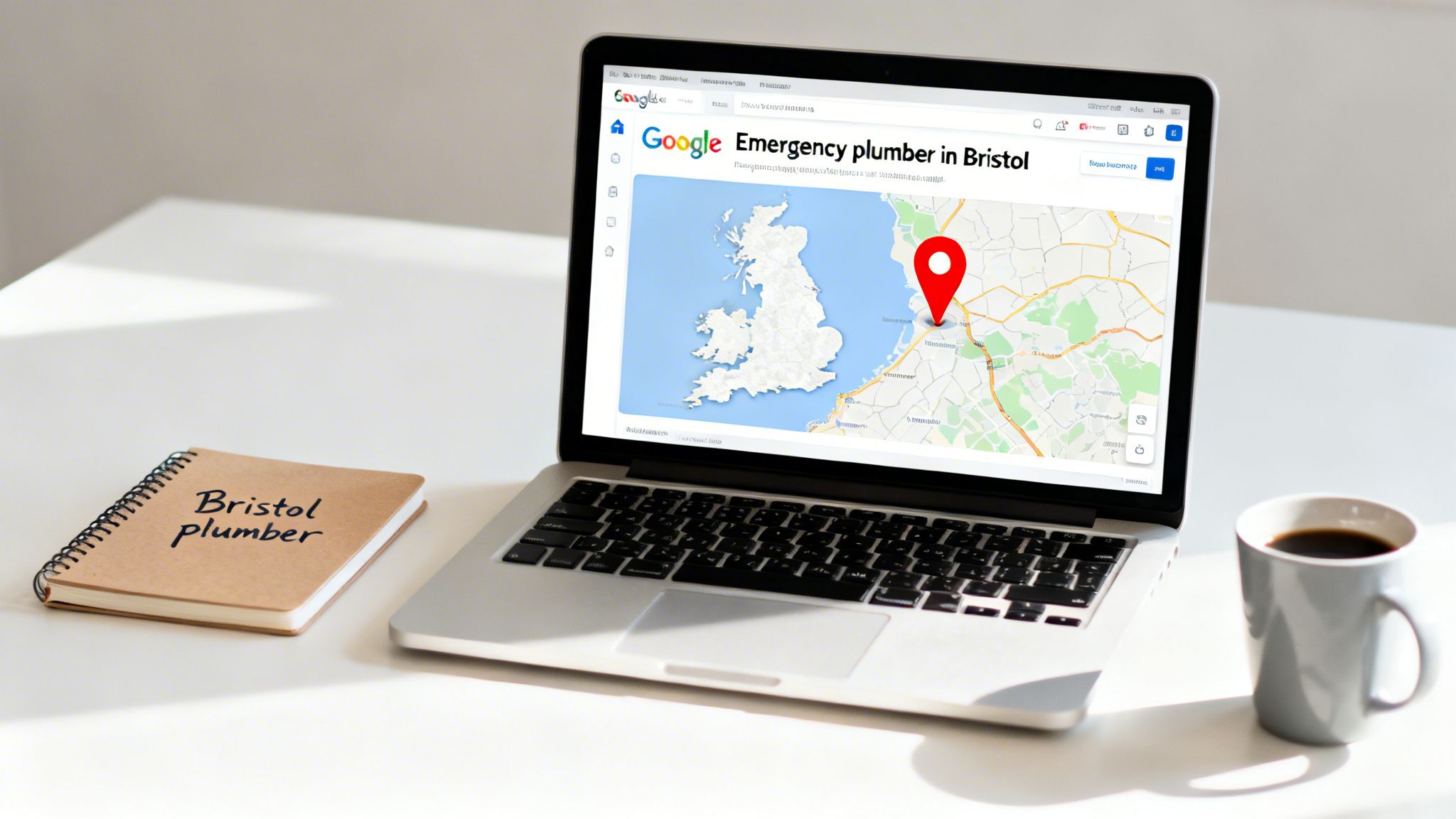 Laptop showing Google Maps search for 'Emergency plumber in Bristol' and a notebook with 'Bristol plumber'.