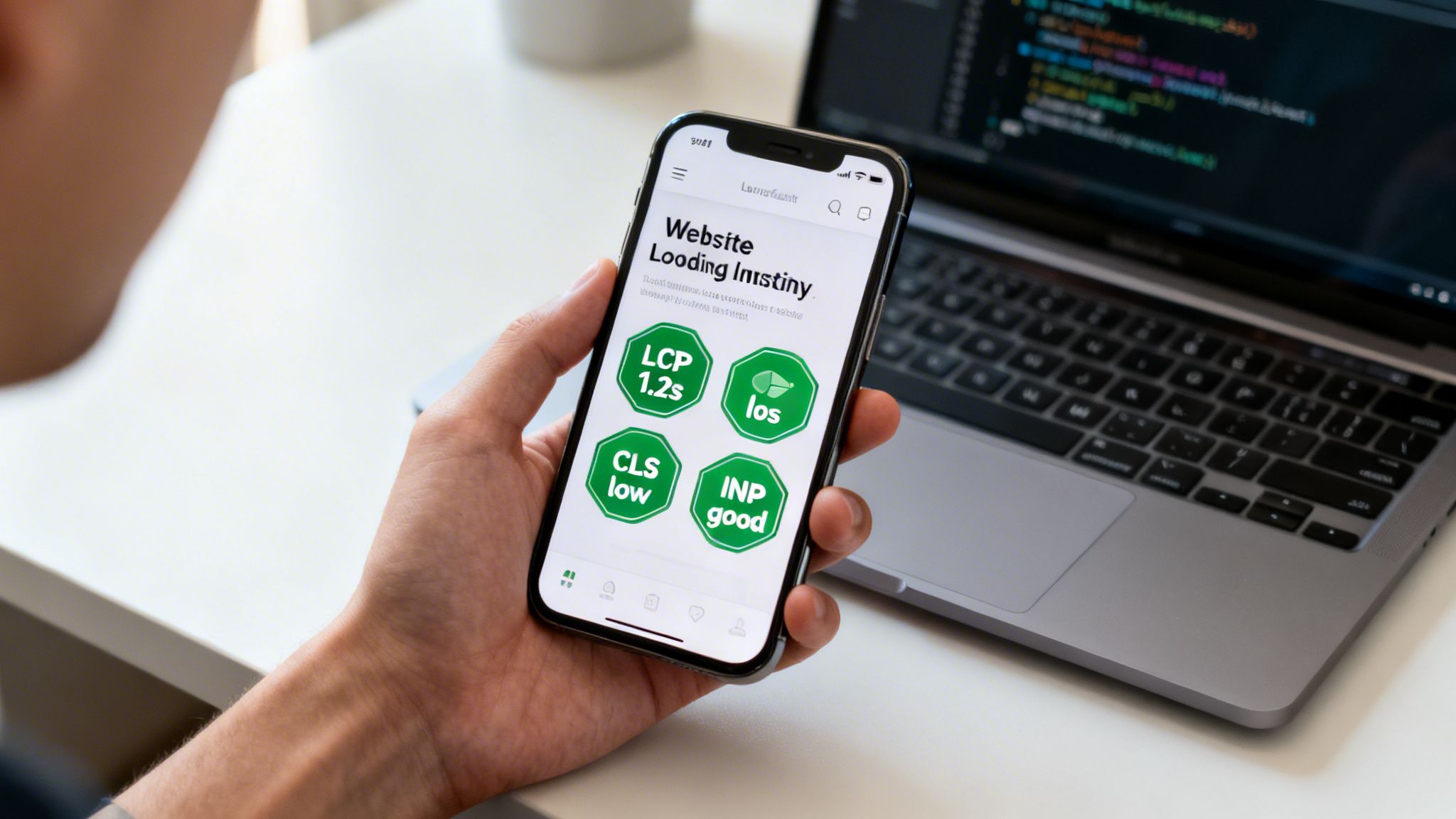 A person holding a smartphone displaying website performance metrics, with a laptop showing code.