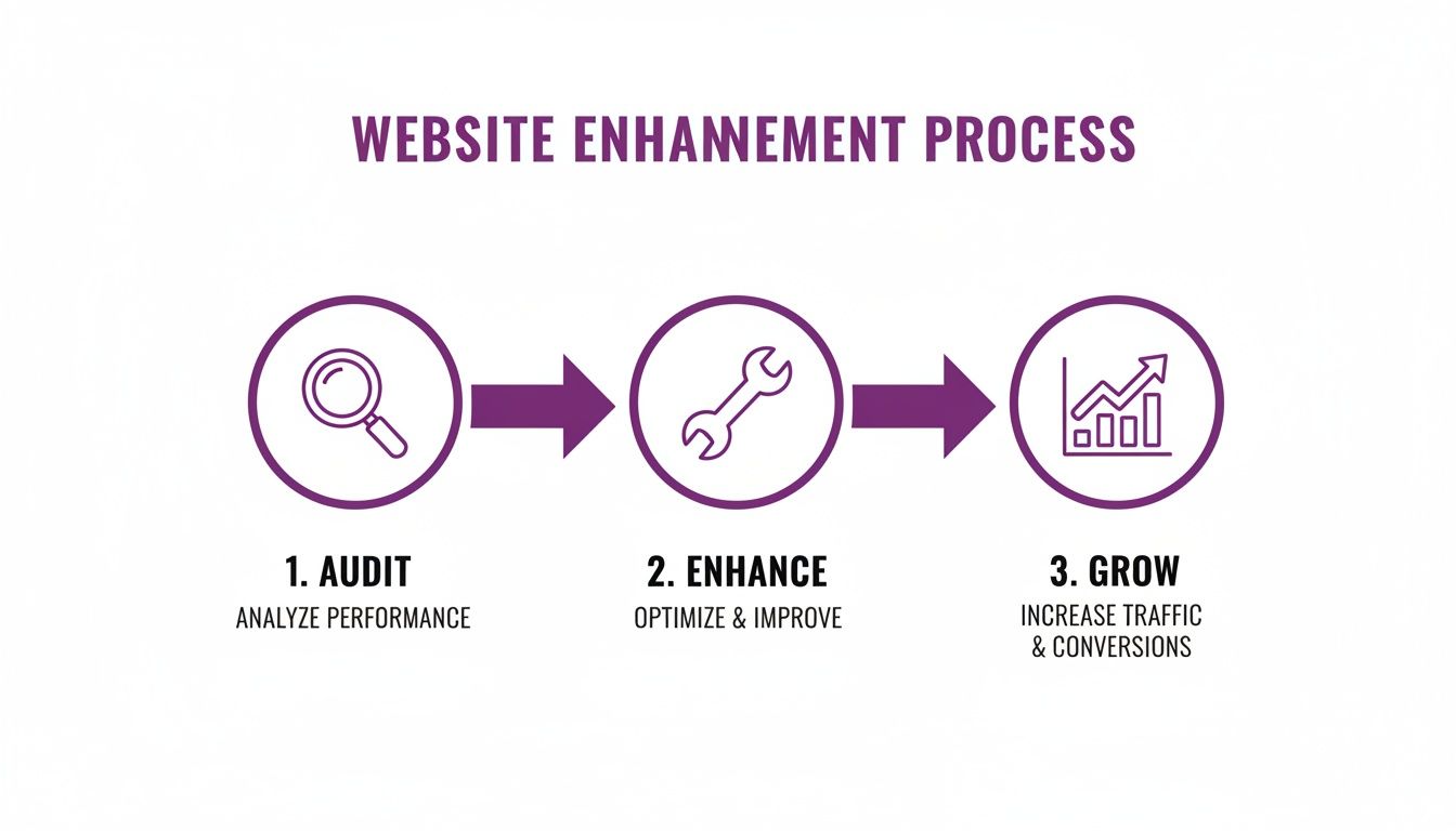 A three-step diagram illustrating the website enhancement process: Audit, Enhance, and Grow, with relevant icons.