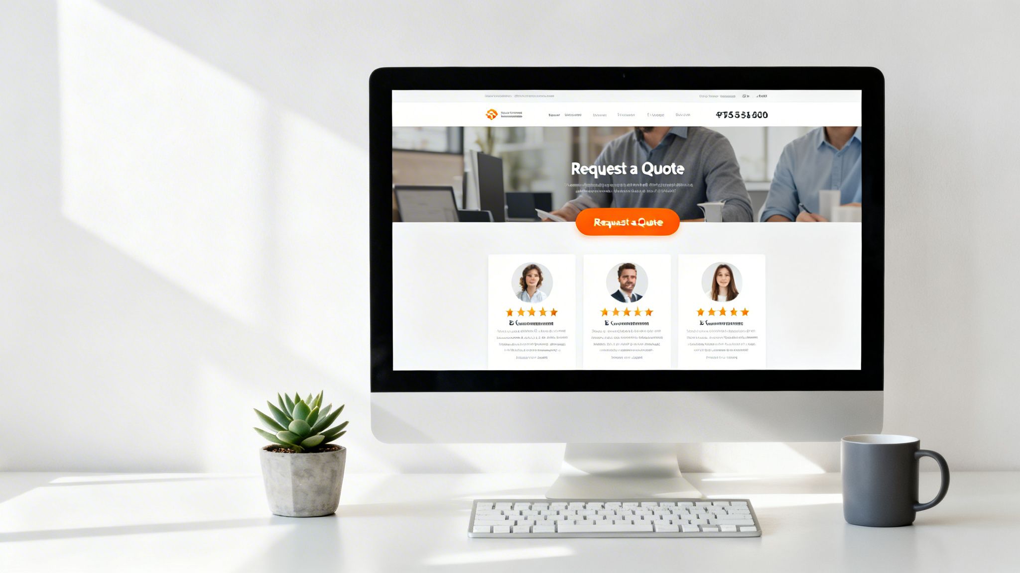 A modern workspace with a computer monitor displaying a business website, a succulent plant, keyboard, and mug.