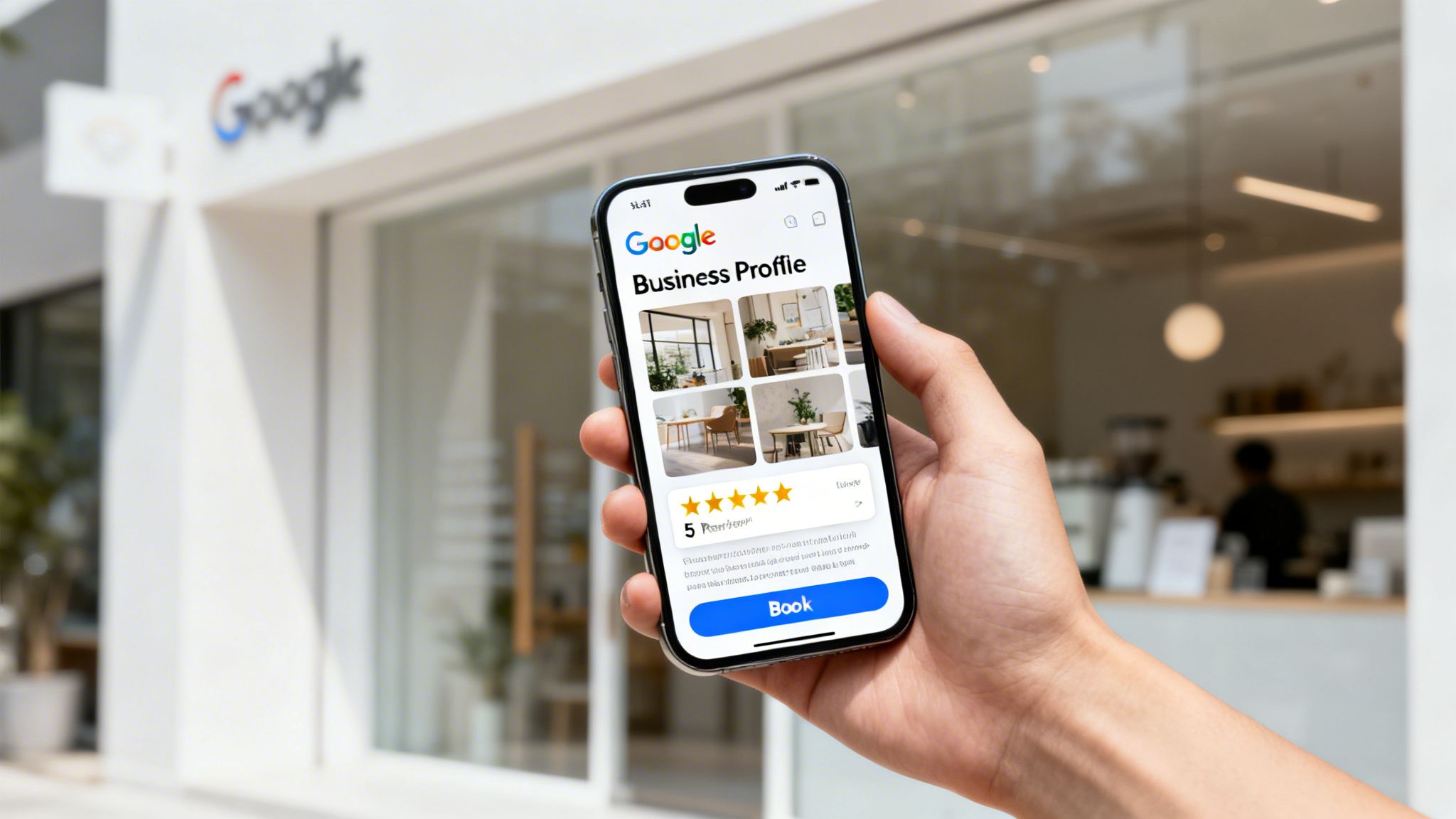Hand holds a smartphone displaying a Google Business Profile showing ratings and a 'Book' button, outside a Google building.