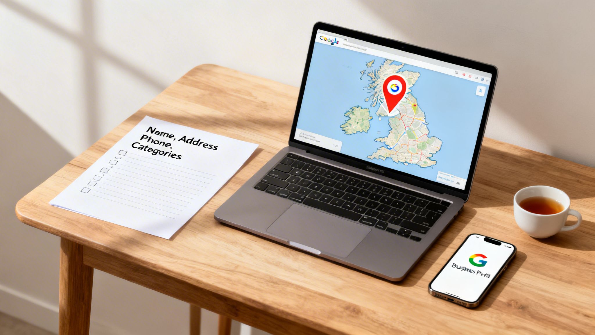 A wooden desk with a laptop showing Google Maps of the UK, a checklist, a smartphone with Google Business Profile, and a cup of tea.