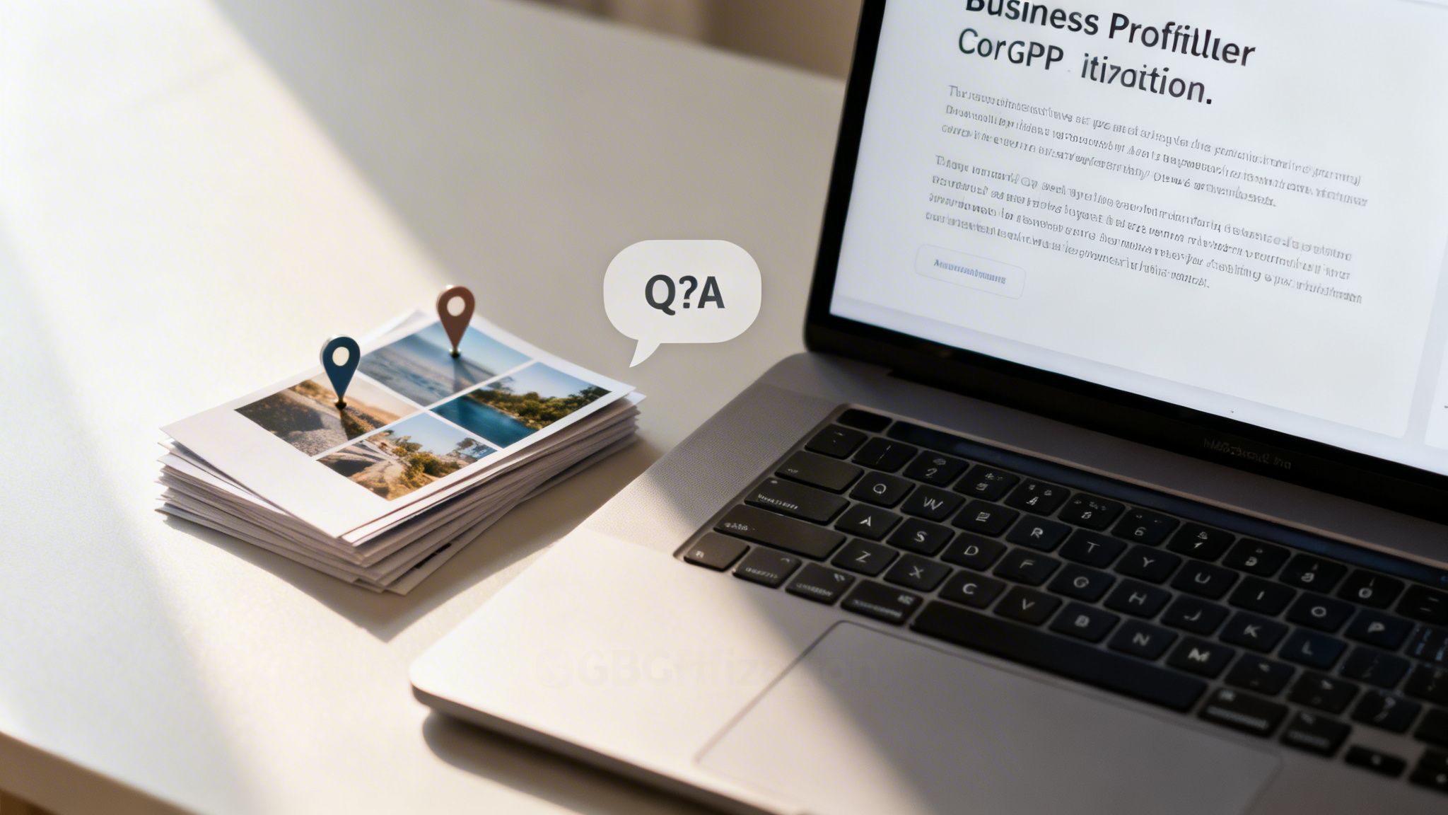 A laptop and travel photo prints with location pins on a desk, with a Q&A bubble.