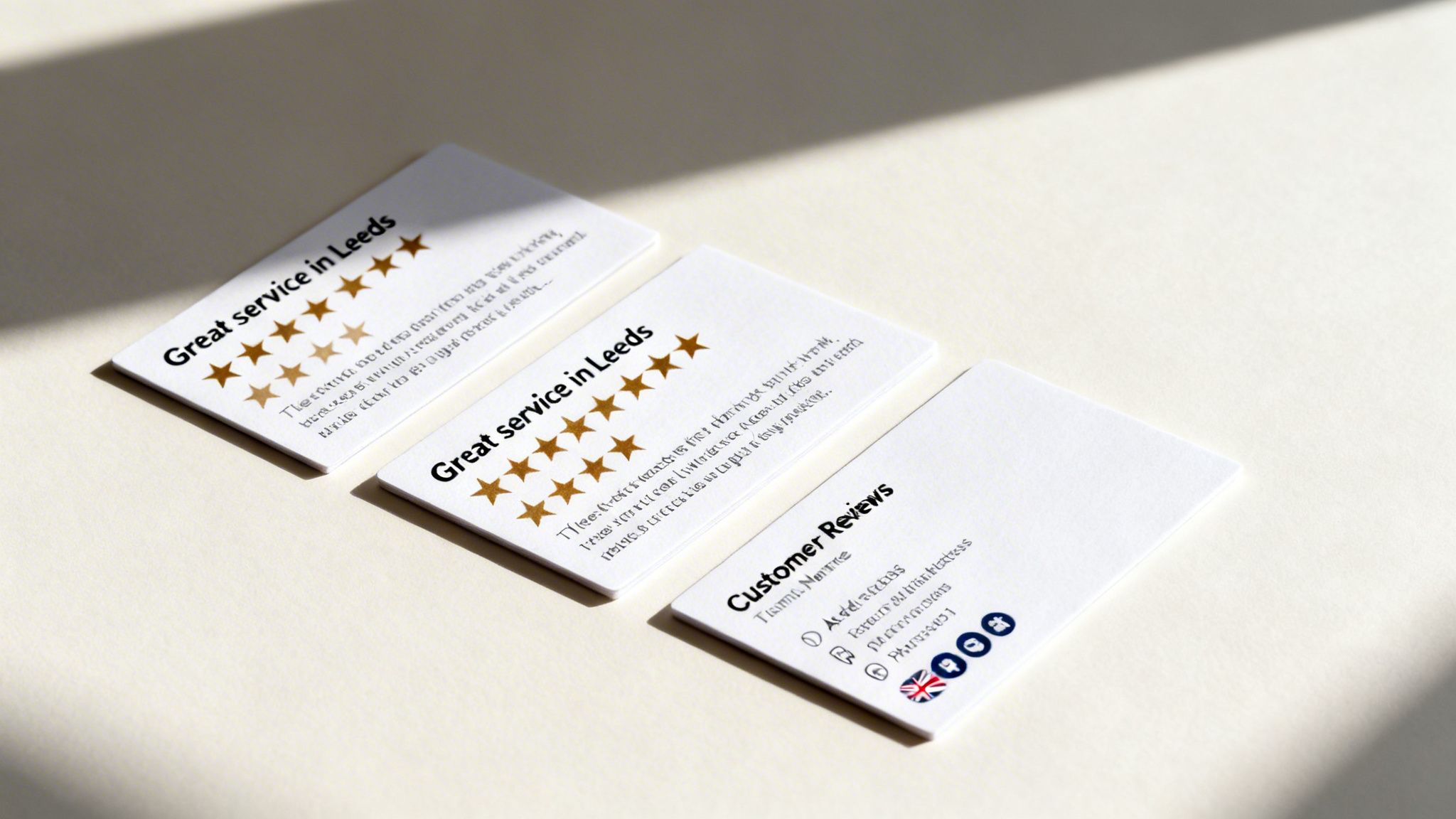 Three white cards displaying customer reviews with star ratings and contact information on a light surface.