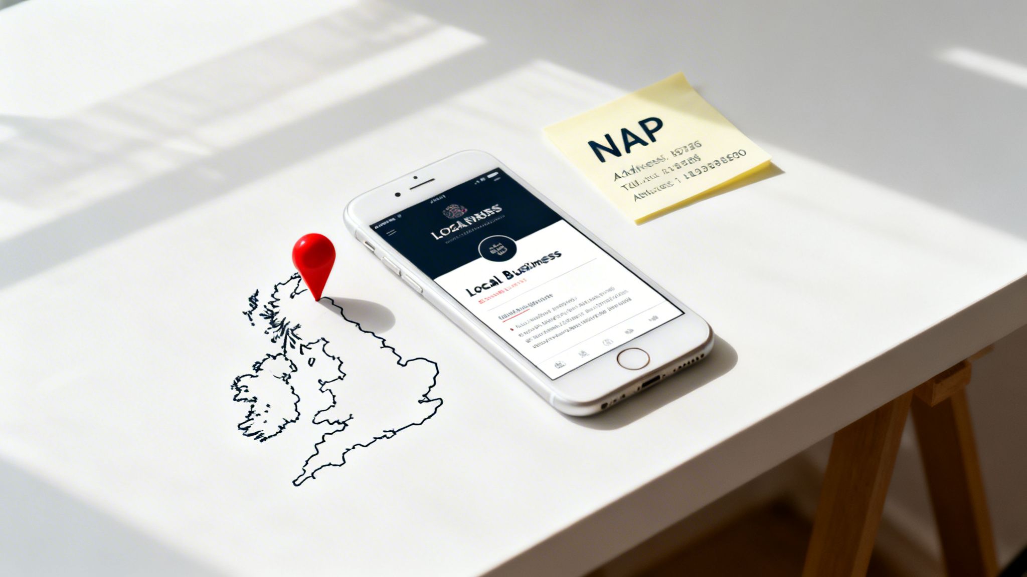A smartphone displaying a local business website, a map of the UK with a pin, and a NAP sticky note.