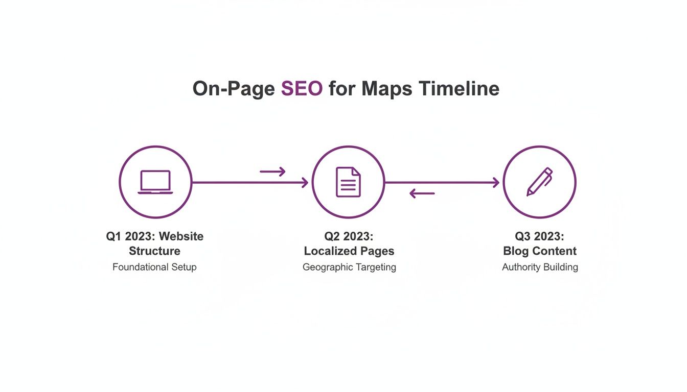 Timeline outlining a 2023 strategy for On-Page SEO for Maps, including website structure, localized pages, and blog content.