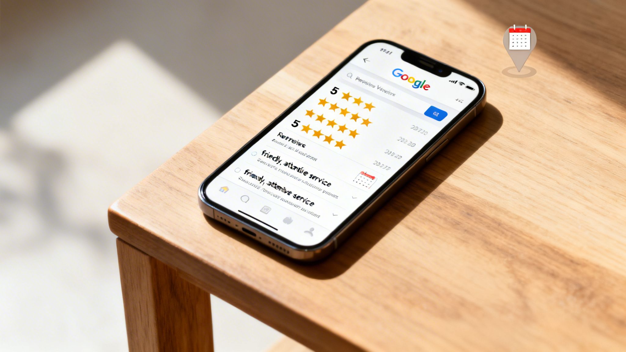 Smartphone displaying 5-star Google reviews and a calendar pin, resting on a wooden table.