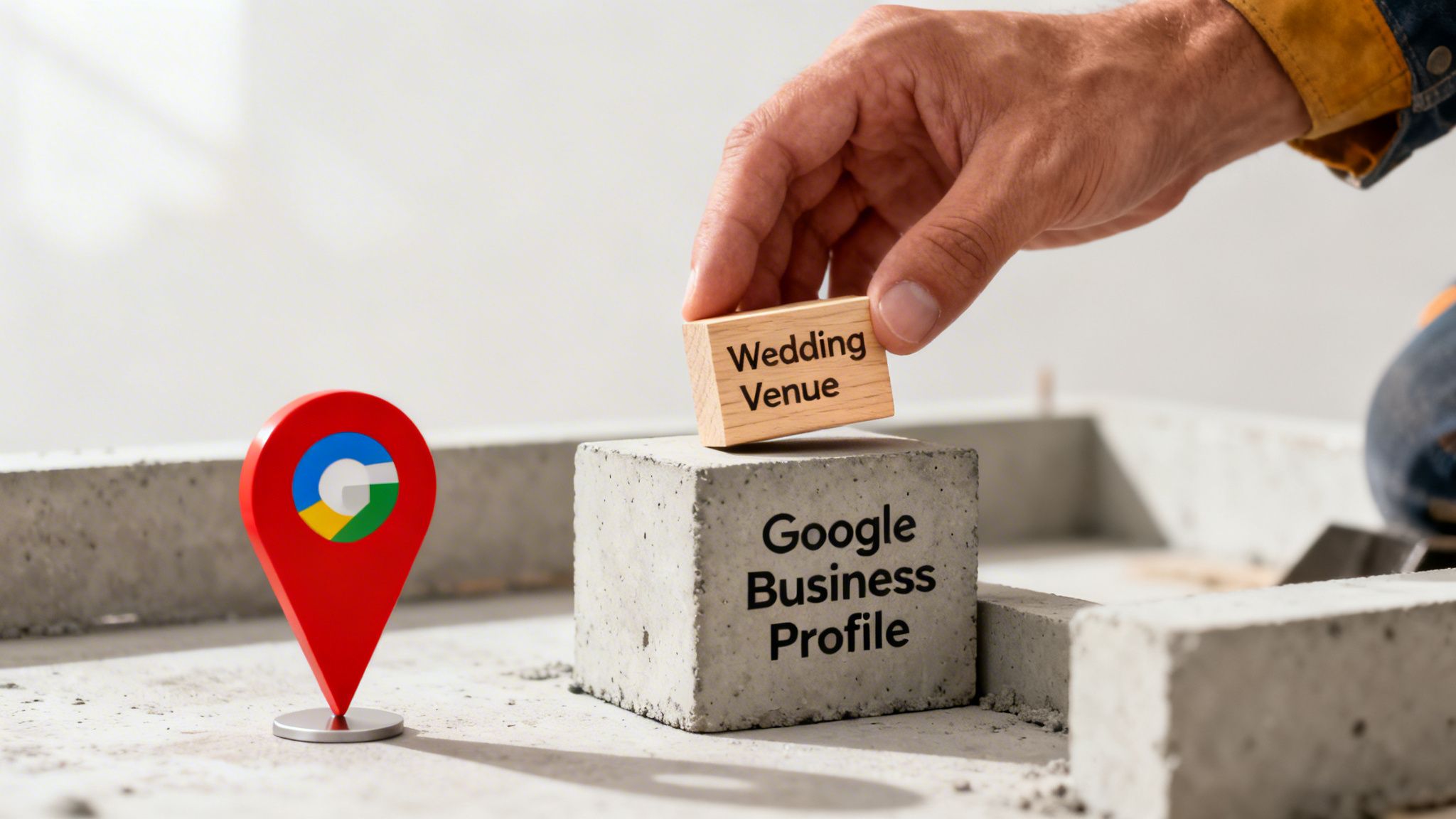 A hand places a 'Wedding Venue' block onto 'Google Business Profile' block next to a Maps pin.