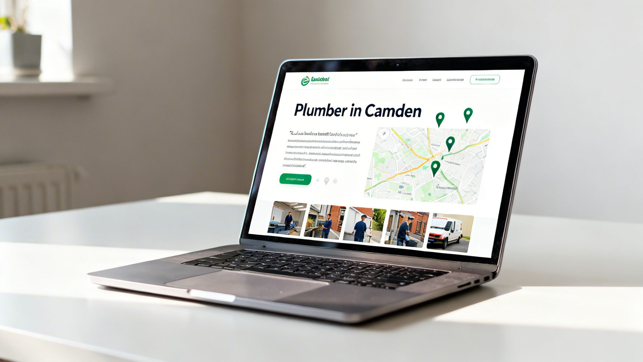 A laptop displaying a plumbing service website for Camden, showing a map with location pins and images of plumbers.
