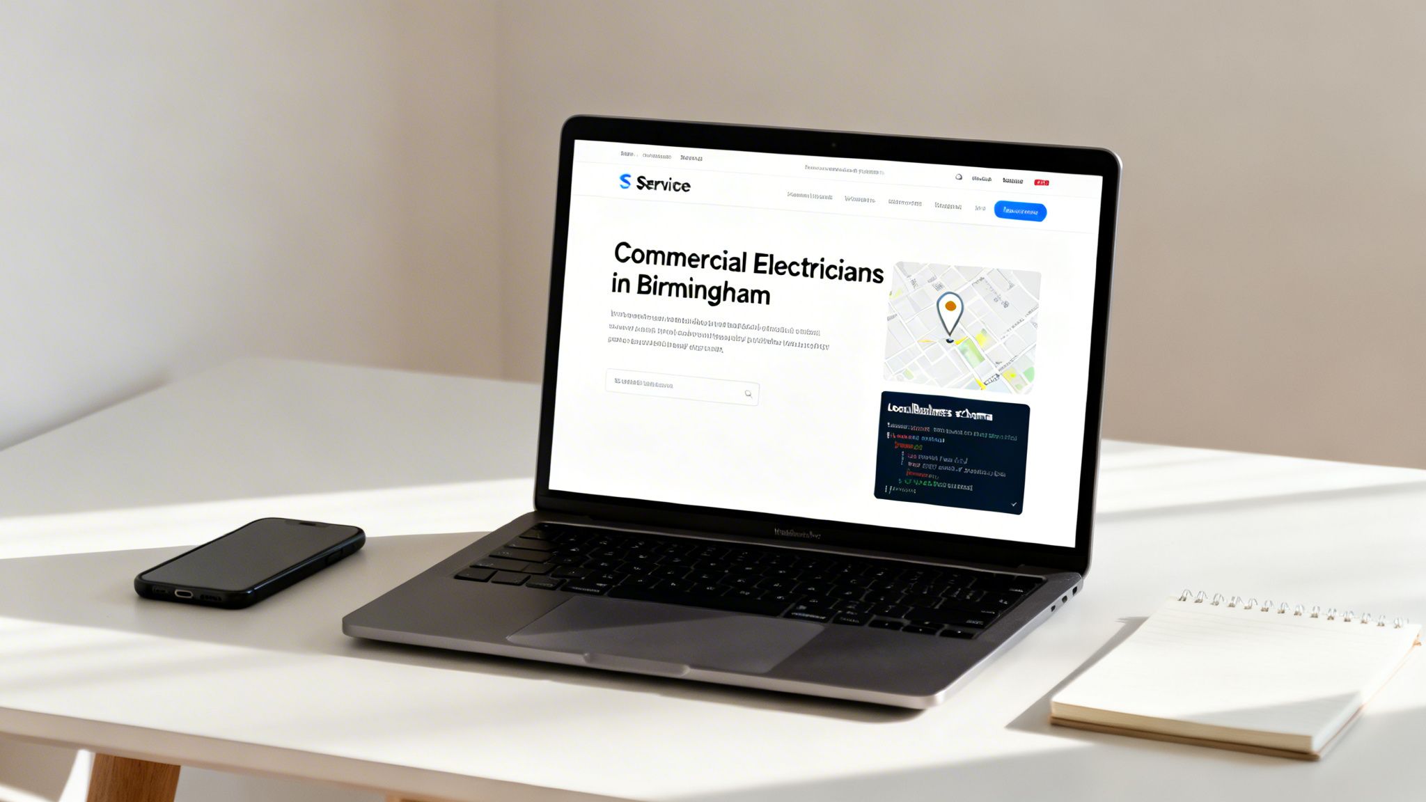 A laptop displaying a commercial electricians website with a map, a smartphone, and a notebook on a desk.