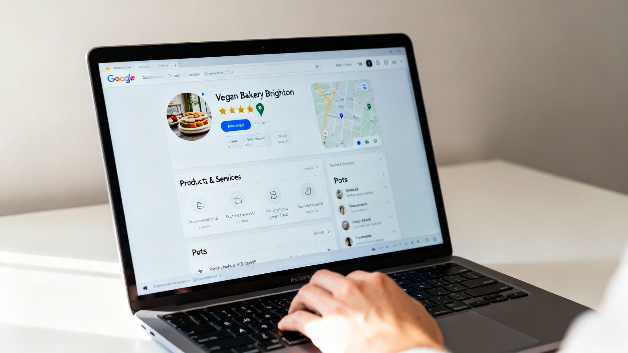 A user's hands on a laptop keyboard with Google Maps displaying a 'Vegan Bakery Brighton' business profile.