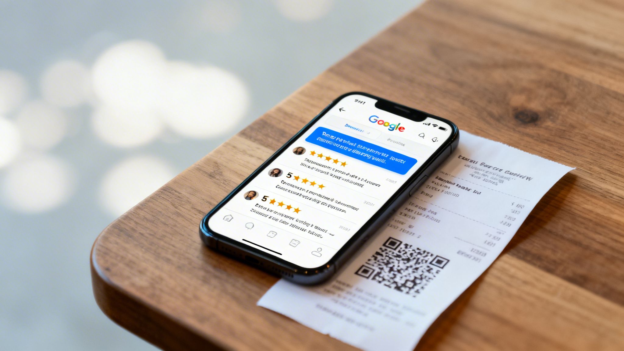 Smartphone showing Google Maps 5-star reviews and a receipt on a wooden table, highlighting local business feedback.