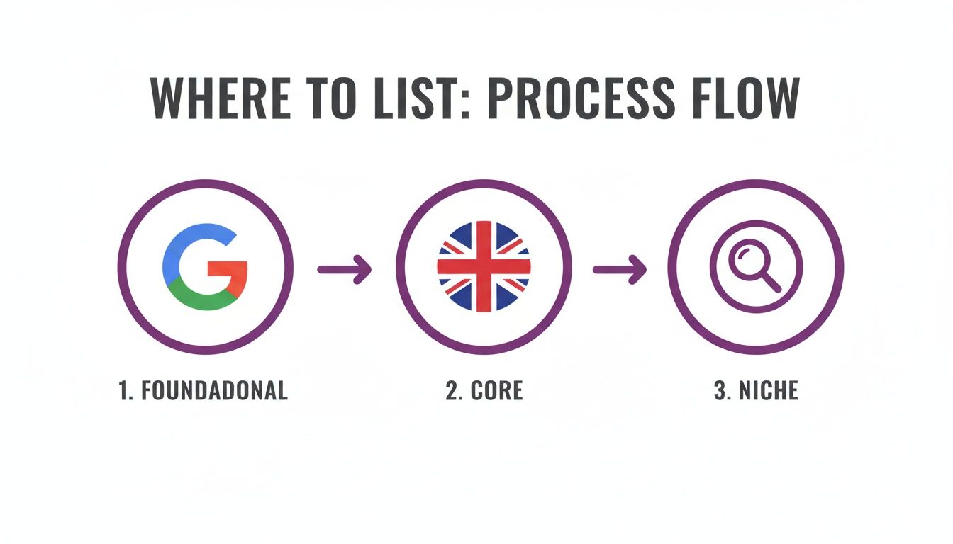 Process flow diagram: Foundational (Google), Core (UK flag), and Niche listing steps for businesses.