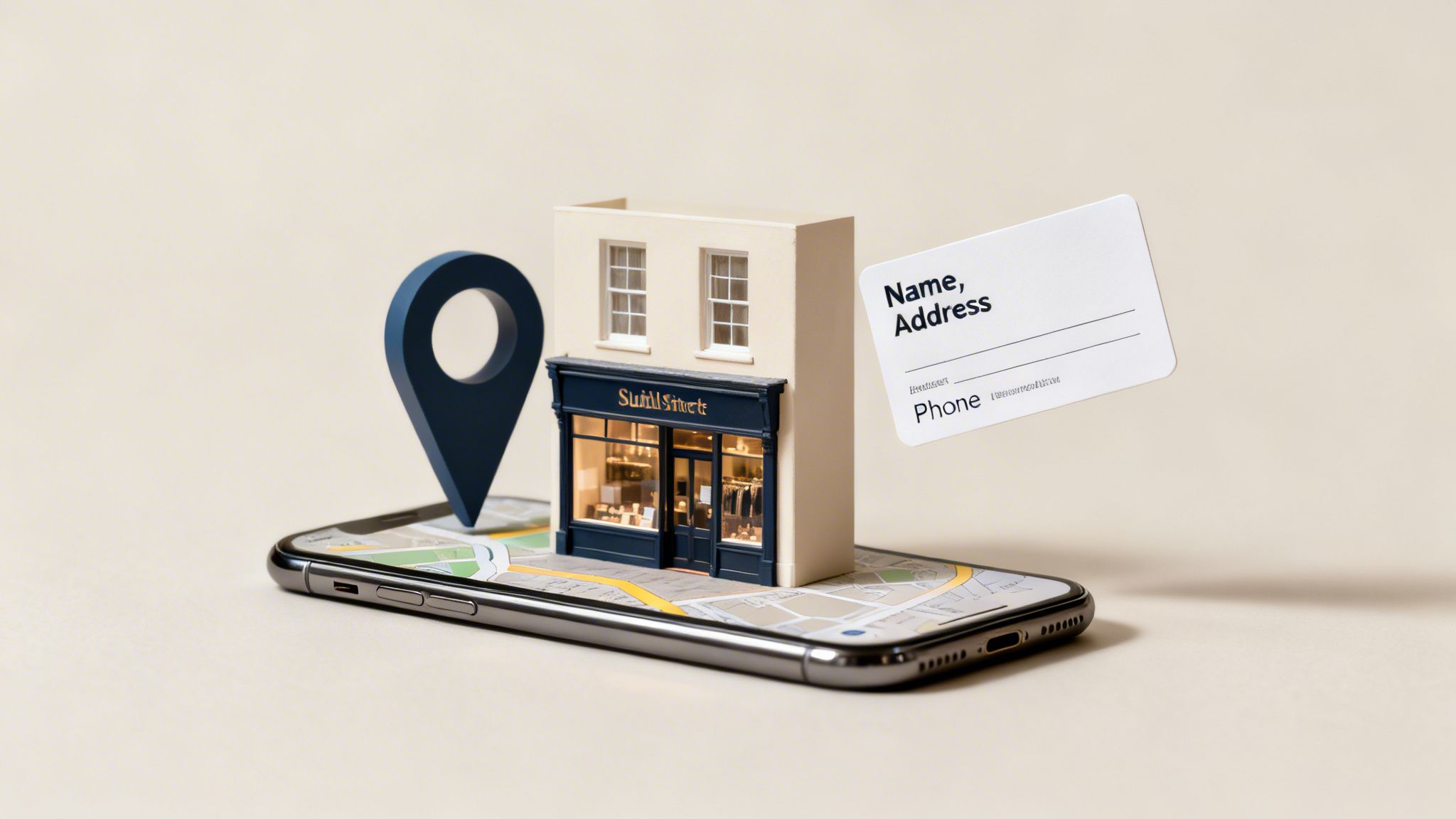 Smartphone displaying a map, with a store building model, a location pin, and a business card.