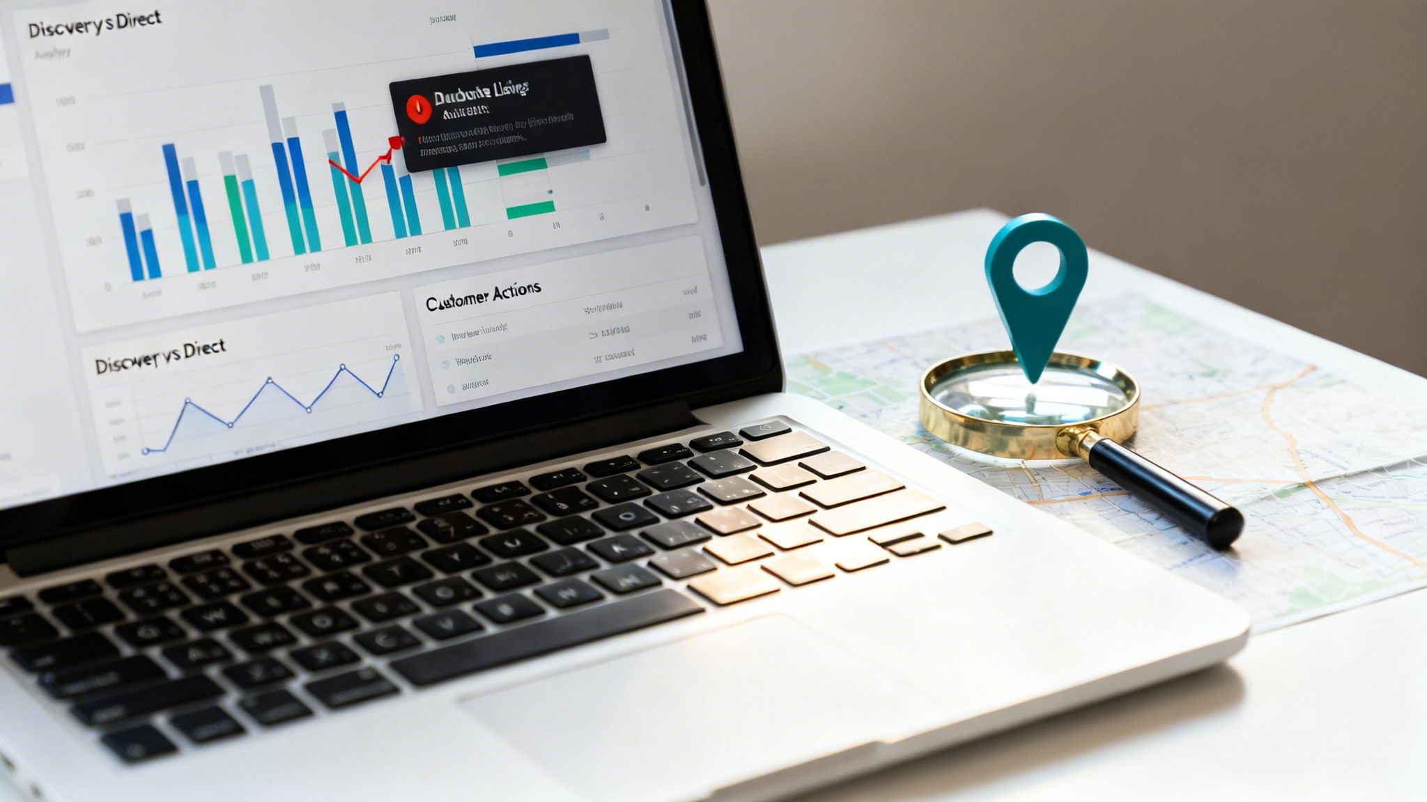 A laptop displays business analytics charts next to a map with a magnifying glass and a location pin.