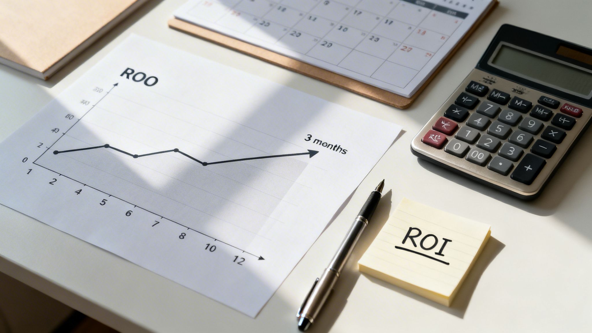 A desk setup with a 'ROO' graph showing a 3-month trend, a calculator, a calendar, and an 'ROI' sticky note.