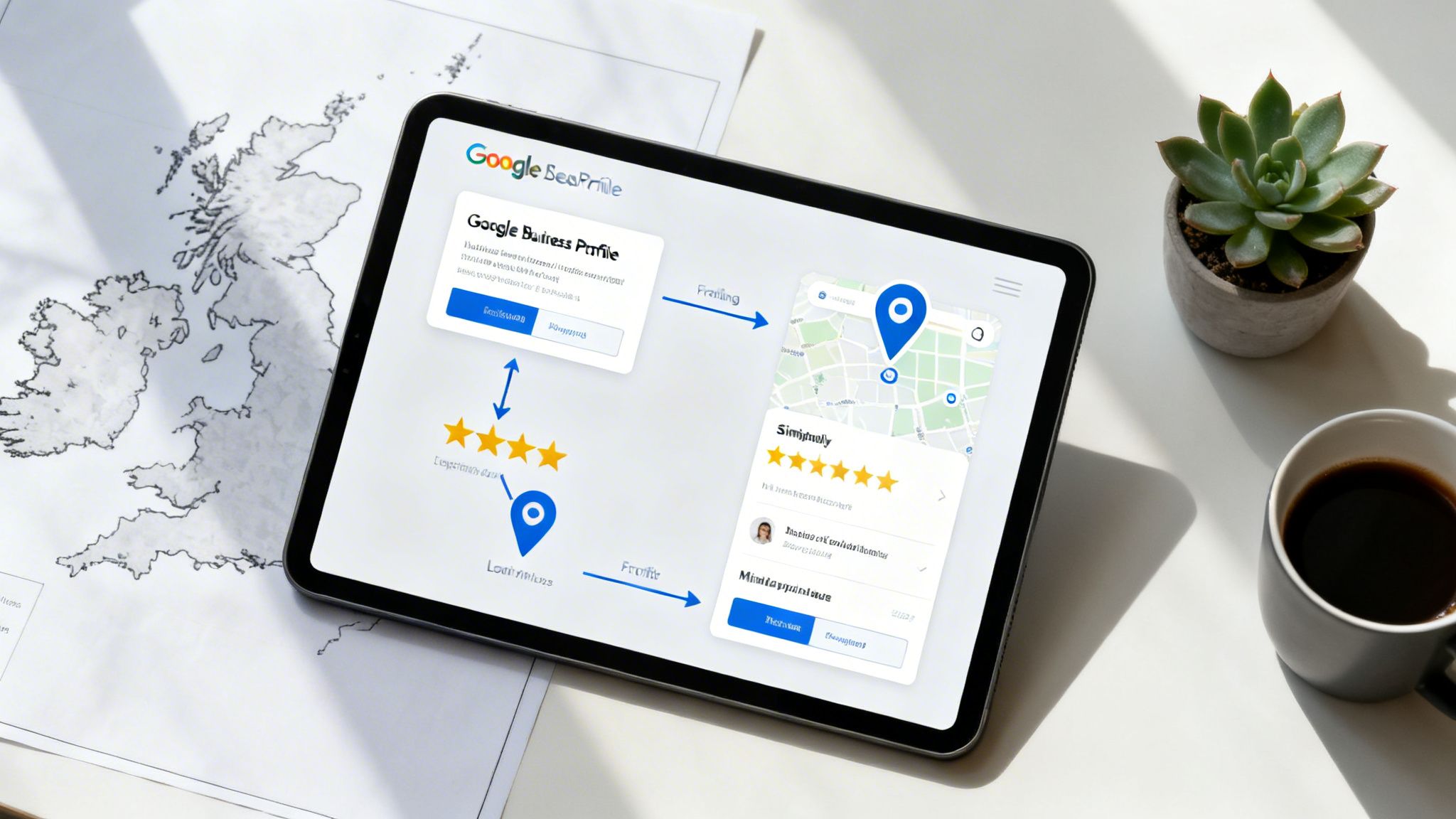 Close-up of a tablet showing a Google Business Profile with ratings, map, and local SEO concept.