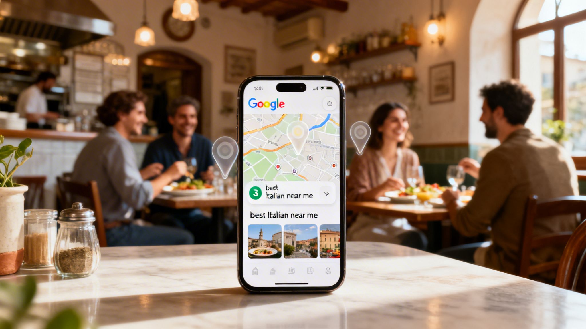 A smartphone displaying Google Maps searching for 'best Italian near me' in a lively restaurant.