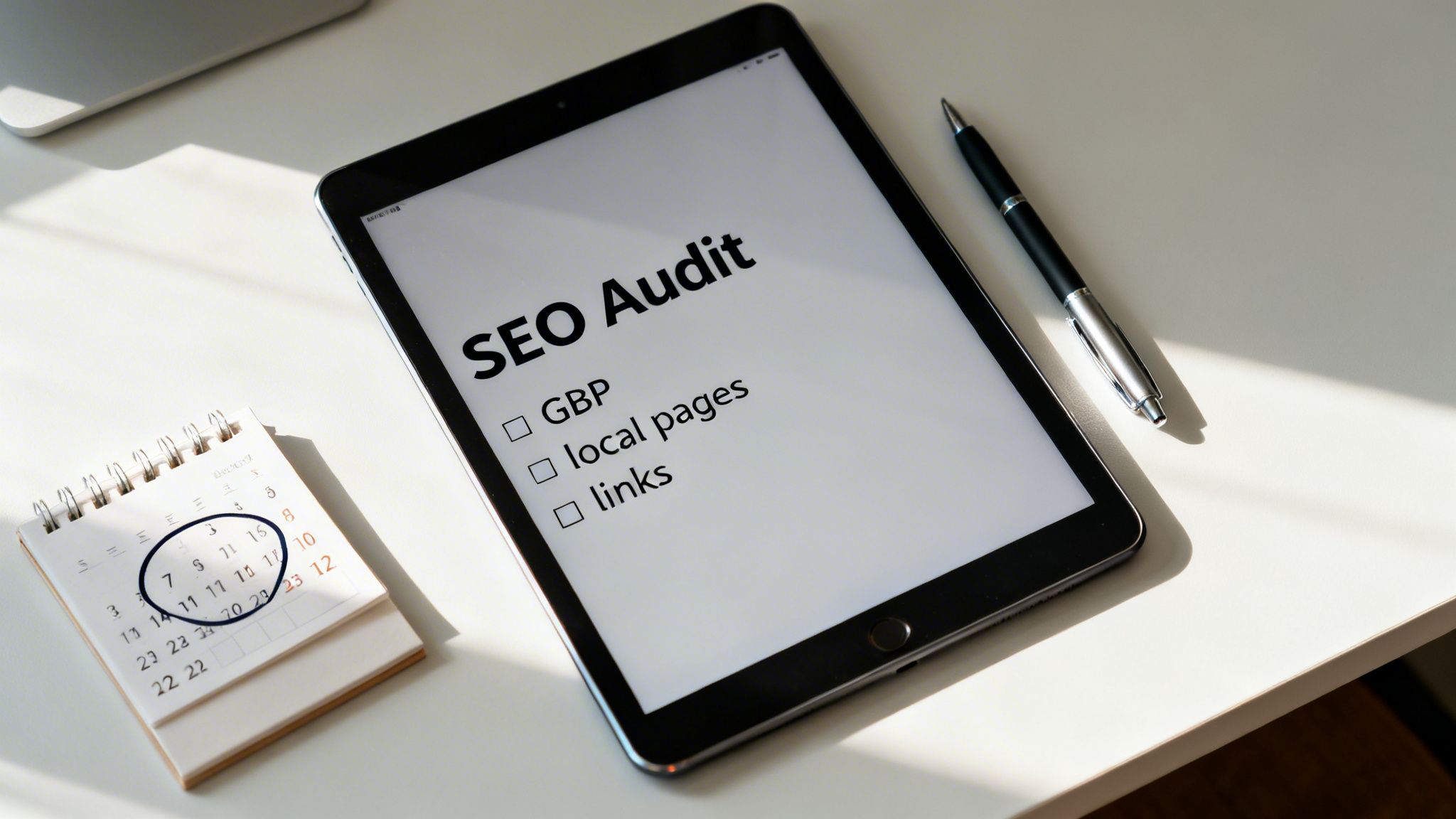 A tablet displaying an 'SEO Audit' checklist with items like GBP, local pages, and links, alongside a calendar and pen on a white desk.