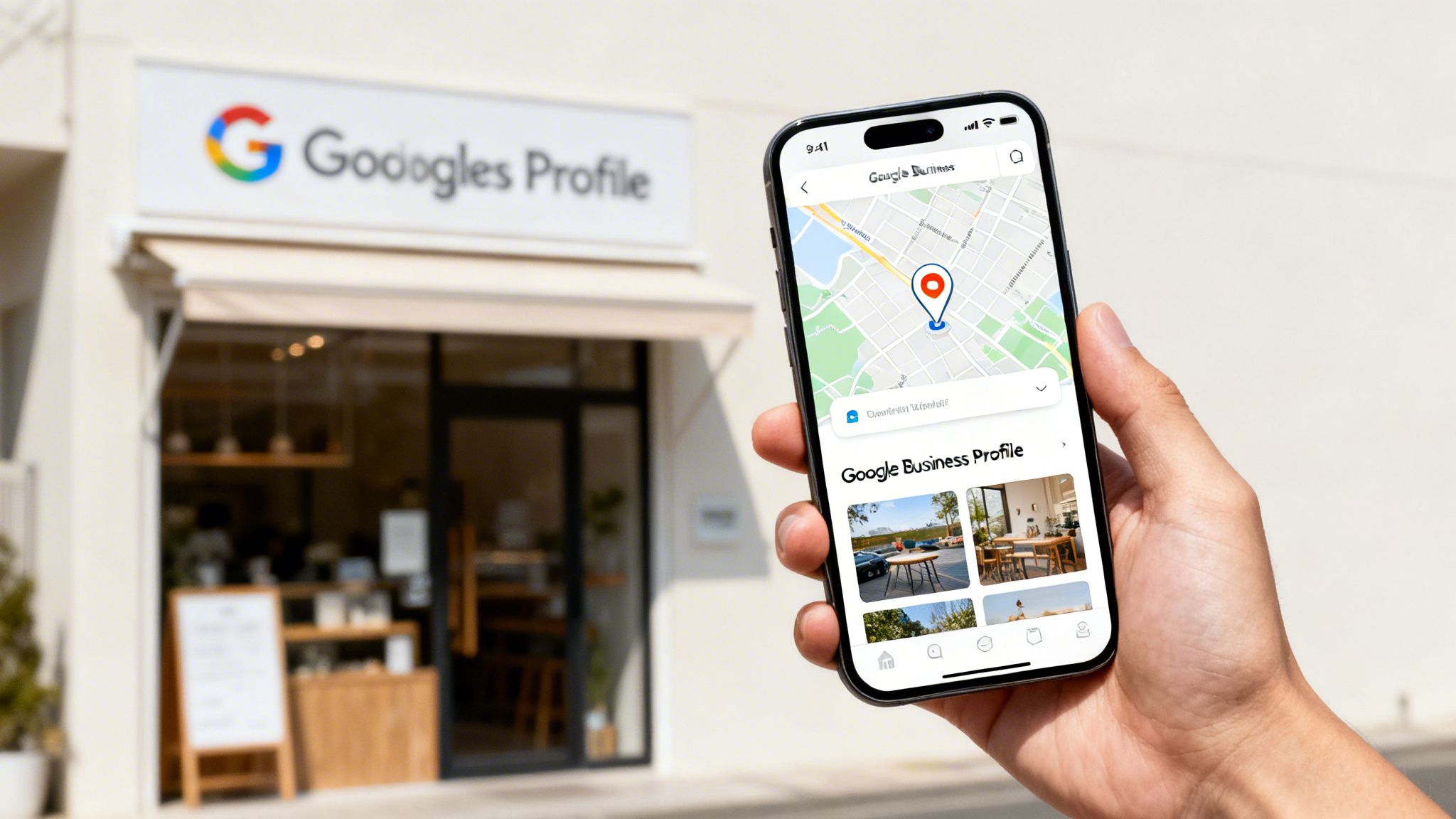 A hand holds a smartphone showing a Google Business Profile app in front of a store with a 'Googles Profile' sign, illustrating local online marketing.