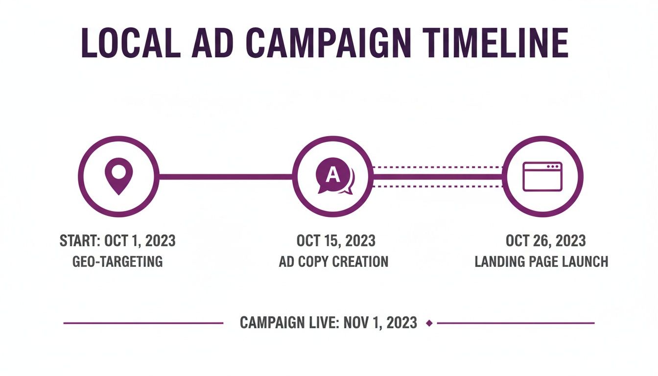 Local ad campaign timeline detailing geo-targeting, ad copy creation, and landing page launch dates.