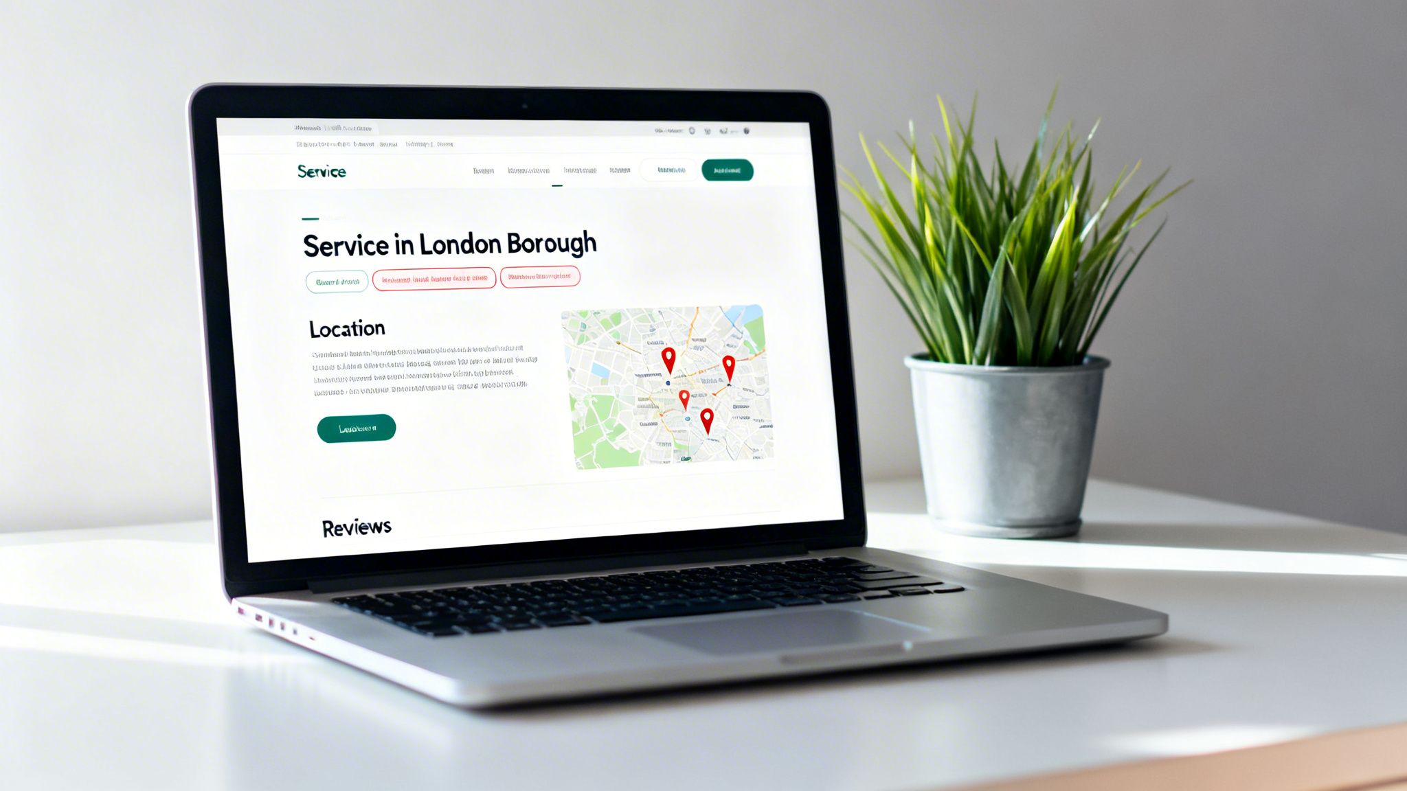 Laptop displaying a website for 'Service in London Borough' with a map, location pins, and text details.