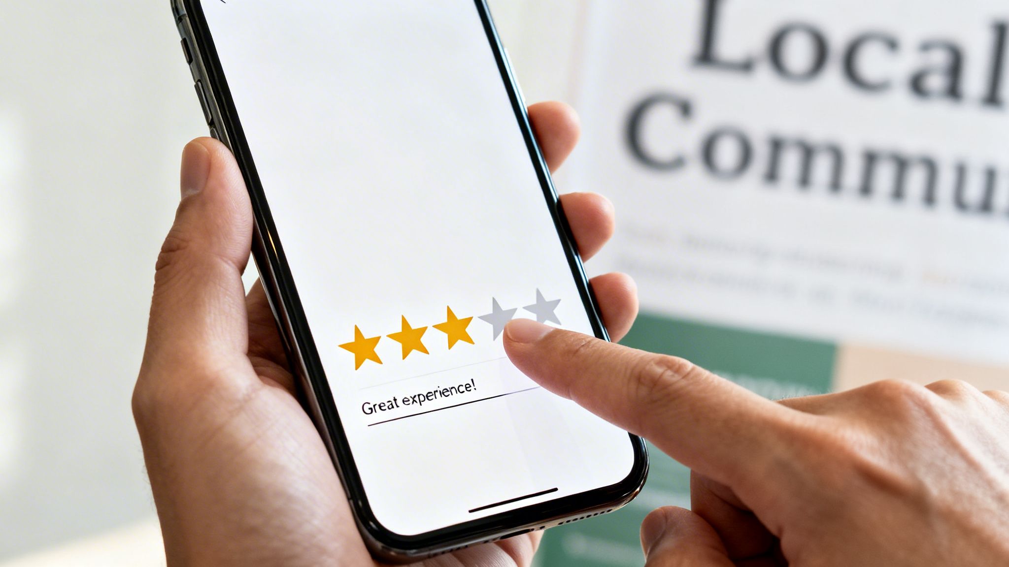 A hand holds a smartphone, giving a 3-star rating with the text 'Great experience!'.