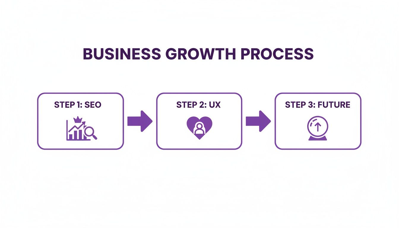 A diagram illustrating a three-step business growth process: SEO, UX, and Future.