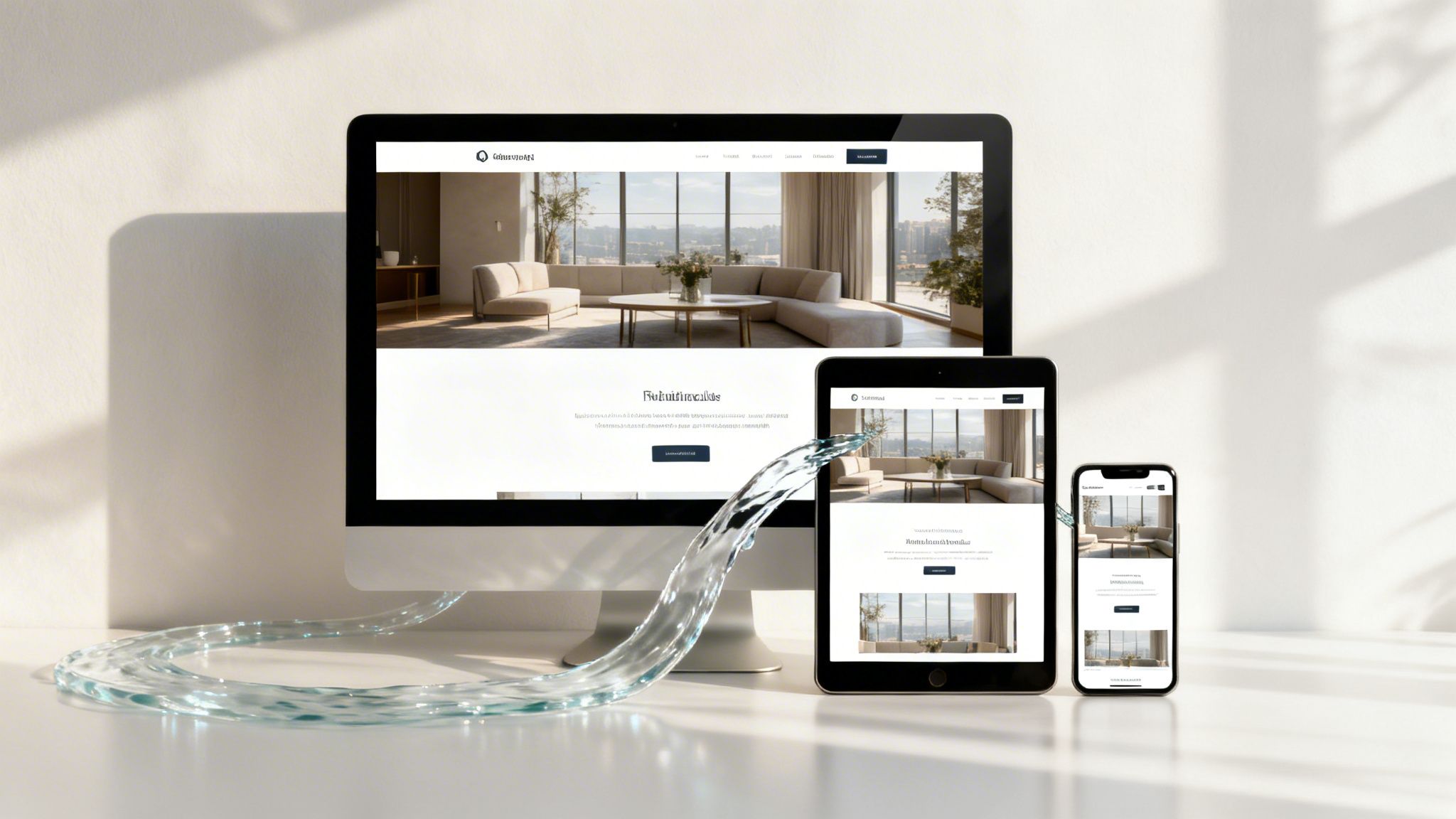 A desktop monitor, tablet, and smartphone displaying a responsive website design for a modern living room.