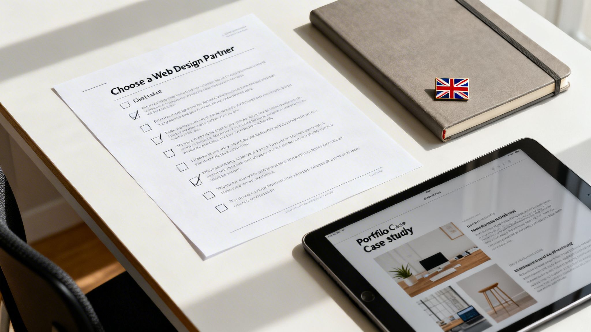 Desk with 'Choose a Web Design Partner' checklist, a tablet displaying a portfolio, and a notebook.