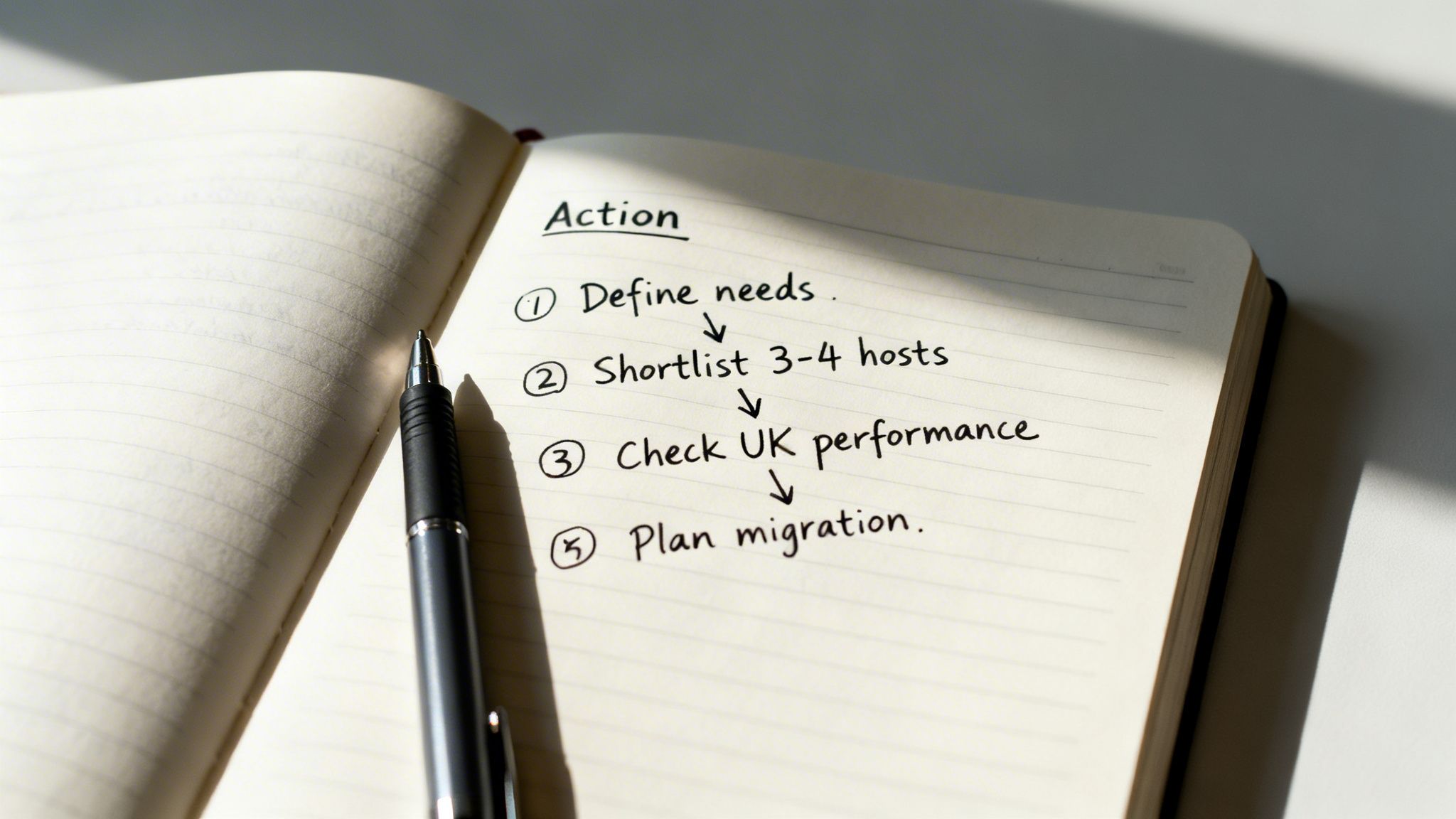 Handwritten action plan in a notebook outlining steps for defining needs, shortlisting hosts, and planning migration.