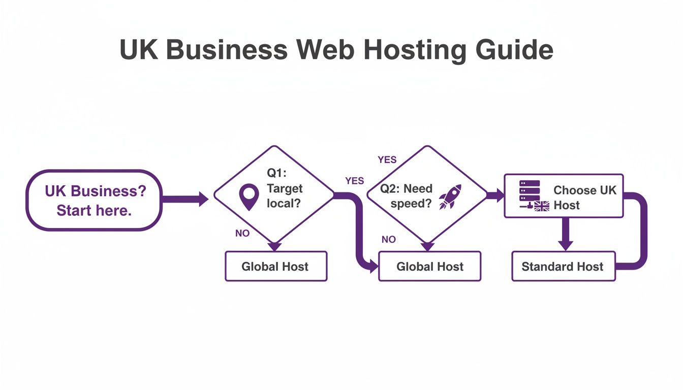 Flowchart guiding UK businesses to choose between global, UK, or standard web hosting options.