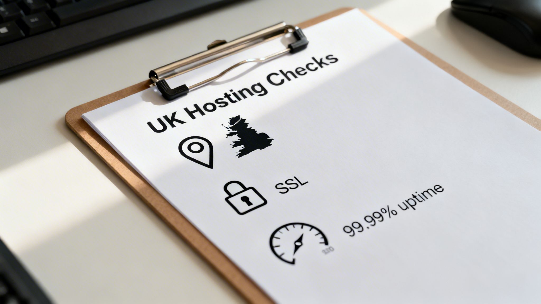 A clipboard displays 'UK Hosting Checks' with icons for location, UK map, SSL security, and 99.99% uptime.